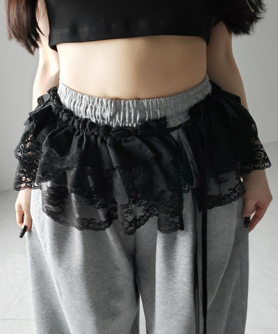 【 ２color 】ストラップリボンレースフリルミニ巻きスカート ／ strap ribbon lace frill mini wrap skirt