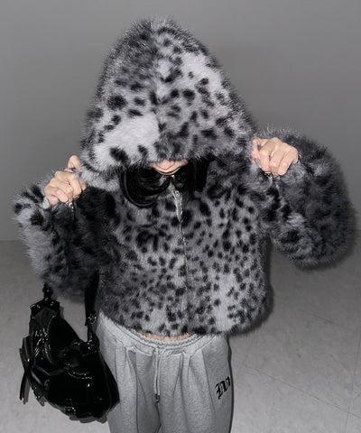 レオパードフェイクファーフーディショートコート ／ reopard fakefur hoodie short coat