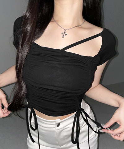 ダブルシャーリングリボンストラップＴシャツ ／ double shirring ribbon strap T-shirts