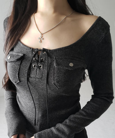 レースアップアウトポケットスリムリブトップス ／ lace up out pocket slim ribbed tops