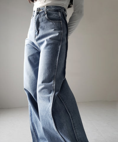 【 ３color ／ ４size 】サイドタック切替ハイウエストストレートデニム ／side tack kirikae highwaist straight denim