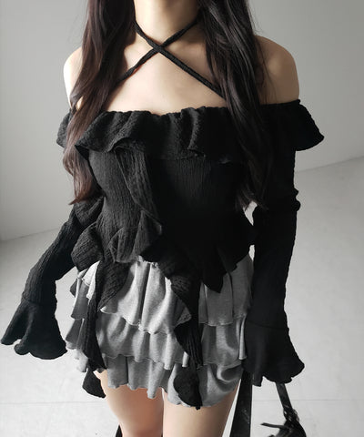 【 ２color 】クロスストラップリボンオフショルダーフリルブラウス ／ cross strap ribbon off shoulder frill blouse