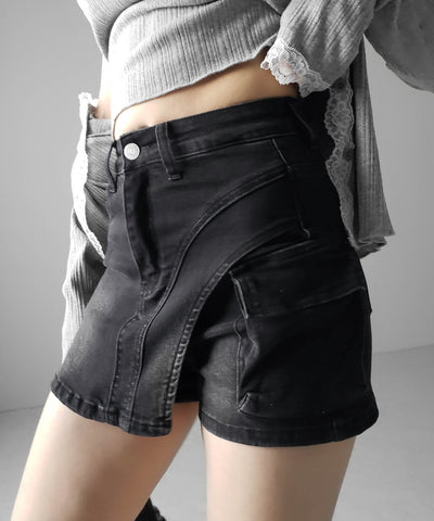 カーゴポケットレイヤードデニムミニスカパン ／ cargo pocket layered denim mini skirt pants