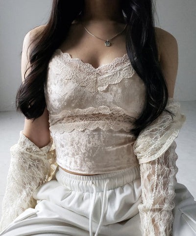 【 カップ付き 】ダブルレースベロアショートビスチェキャミソール ／ double lace velor short bustier camisole