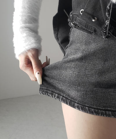 【 インパン裏地付 】ベルテッドマイクロプリーツデニムミニスカパン ／ belted micro pleats denim skirt pants