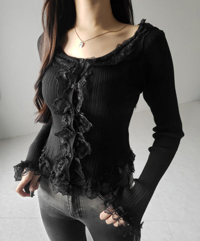 【 ３color 】レースフリルドッキングリブニットカーディガン ／ lace frill docking rib knit cardigan