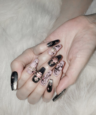 プラネットクロスピンクブラックマグネットネイルチップ／planet cross pink black magnet nail tips