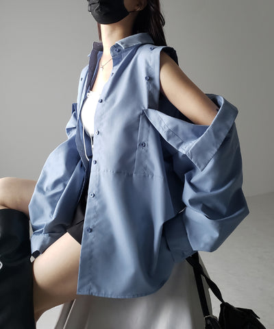 【 ３color 】オープンショルダーカットアウトビッグシャツ ／ open shoulder cutout big shirt