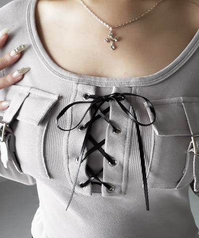 ヴィンテージレースアップアウトポケットスクエアリブロンT ／ vintage laceup outpocket square lib long slleve T-shirts