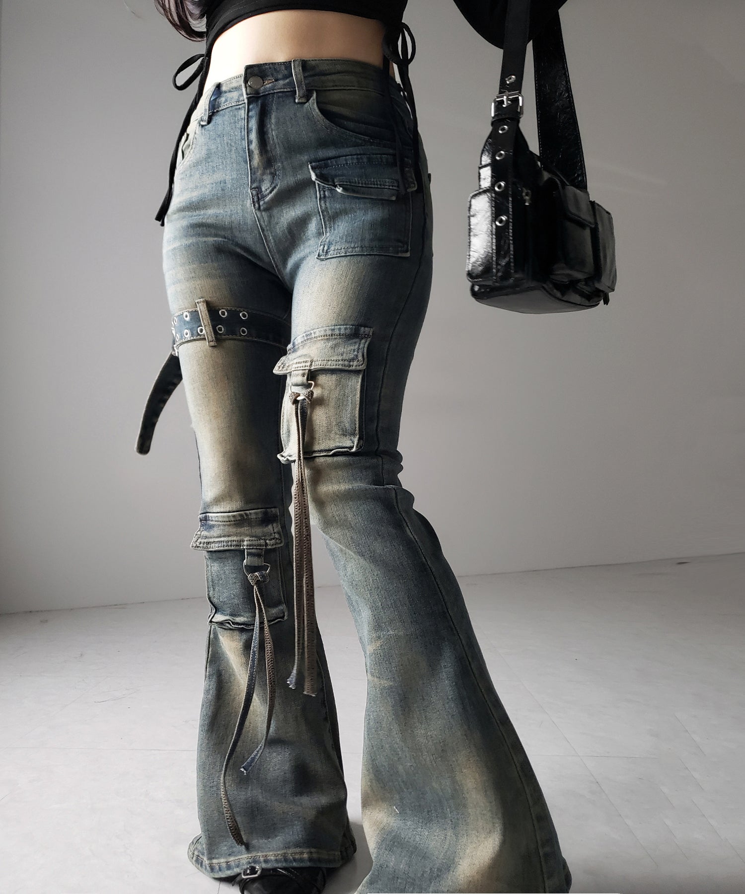 【 ２color ／ ４size 】ベルテッドアウトポケットヴィンテージフレアデニム ／ belted out pocket vintage flare denim