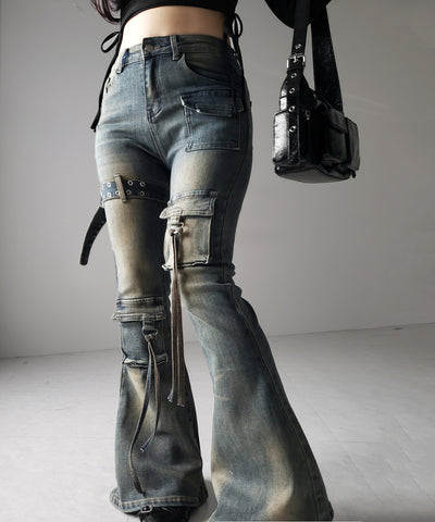 【 ２color ／ ４size 】ベルテッドアウトポケットヴィンテージフレアデニム ／ belted out pocket vintage flare denim