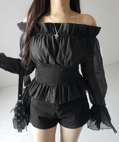 【 ２color ／ ２WAY 】ウエストシャーリングシアーフリルオフショルブラウス ／ waist shirring sheer frill off shoulder blouse