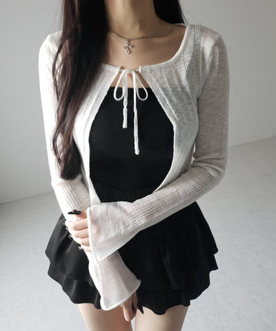 【 ２color 】フロントリボンシアーニットショートカーディガン ／ front ribbon sheer knit short cardigan