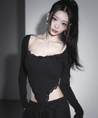【 ２color 】カットアウトレースポイントボディスーツトップス ／cutout lace point bodysuit tops