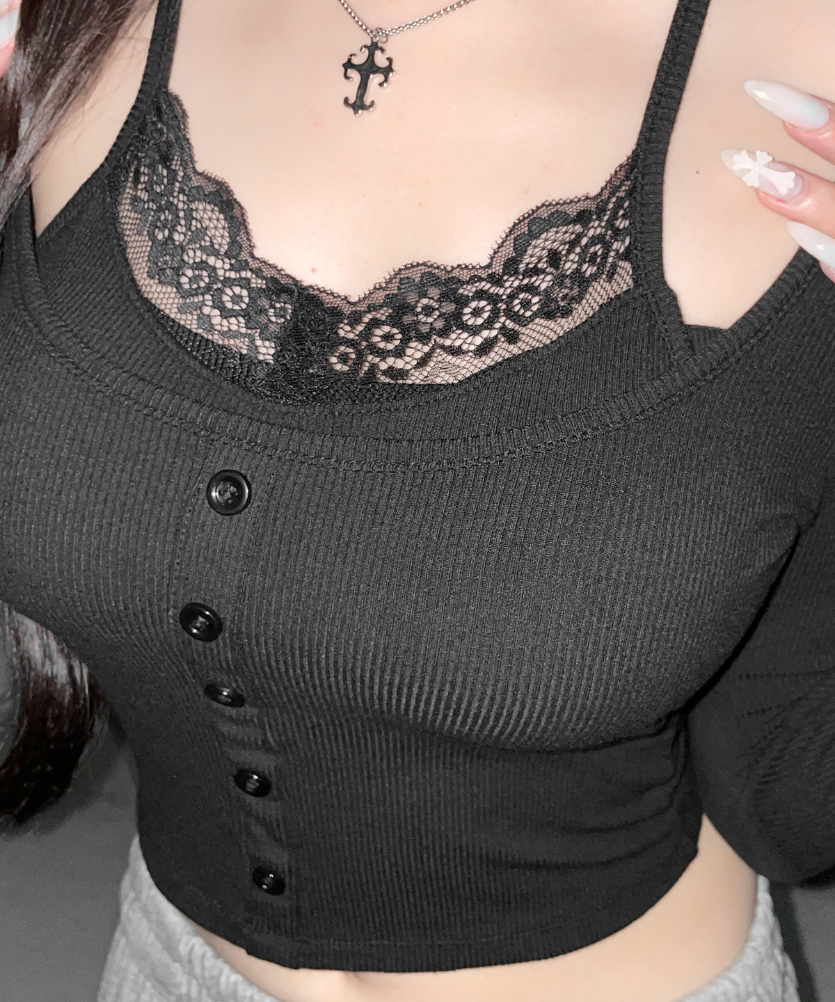 レースキャミスクエアネック長袖リブＴシャツ ／ Lace camisole square neck long-sleeve ribbed T-shirt