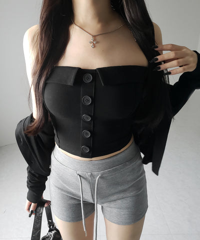 【 2点セット 】フロントボタンベアトップ ＋ クロップドカットソーカーディガン SET ／ front button bare top + cropped cutsaw cardigan SET
