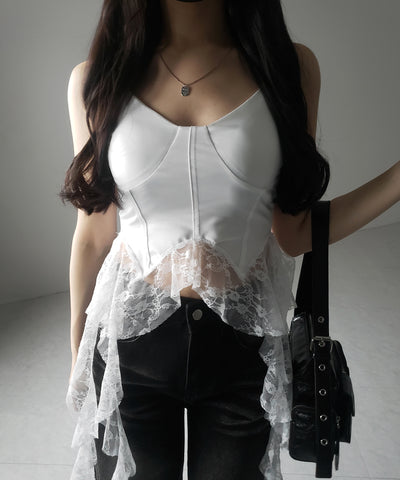 【 ２color 】レースフリルレイヤードビスチェキャミソール ／ lace frill layered bustier camisole