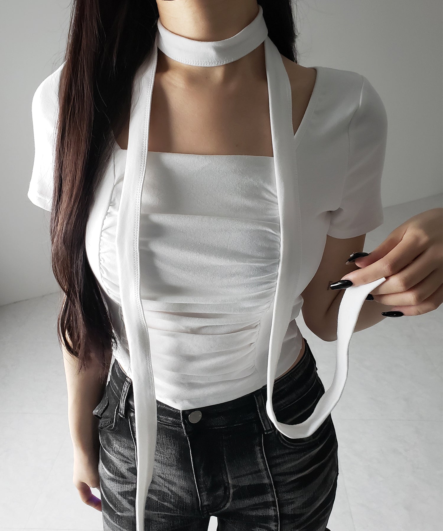 【 ２WAY 】チョーカーロングタイ付き スクエアネックギャザースリムＴシャツ ／ choker long tie SET square neck gather slim sleeve T-shirt