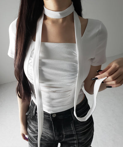 【 ２WAY 】チョーカーロングタイ付き スクエアネックギャザースリムＴシャツ ／ choker long tie SET square neck gather slim sleeve T-shirt