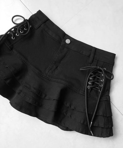 【 インパン裏地付 】レースアップブラックフリルミニスカート ／ laceup black frill mini skirt