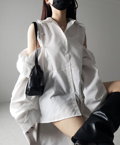 【 ３color 】オープンショルダーカットアウトビッグシャツ ／ open shoulder cutout big shirt