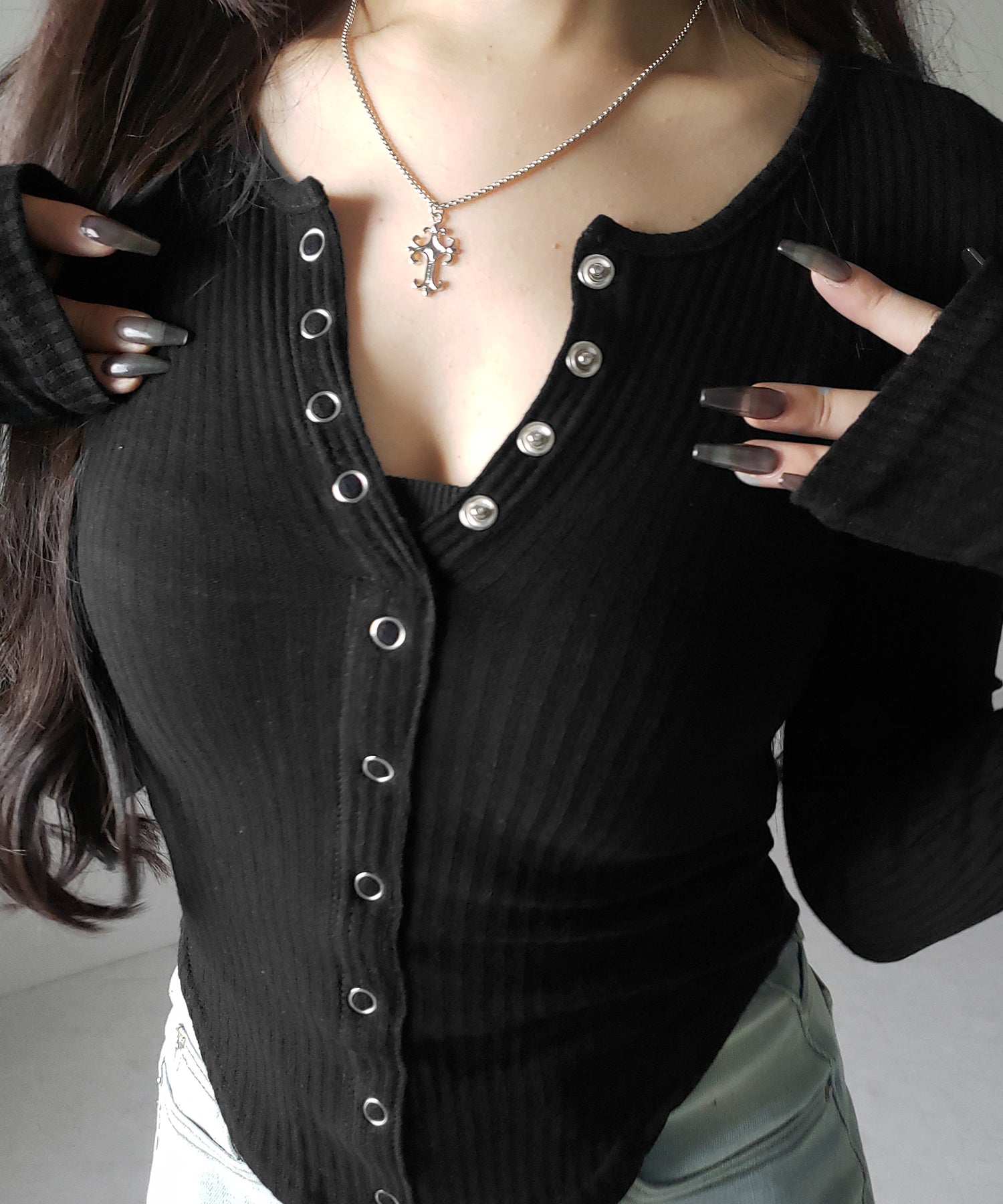 スナップボタンタイトリブカットソートップス ／ snap button tight ribbed cutsew tops