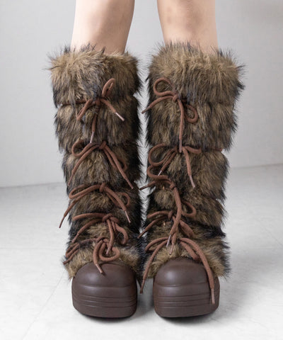 ボリュームフェイクファーレースアップロングブーツ ／ volume fake fur laceup long boots