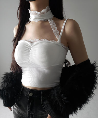 【 ２color ／ カップ付 】レースチョーカーストラップリブキャミソール ／ lace choker strap lib camisole
