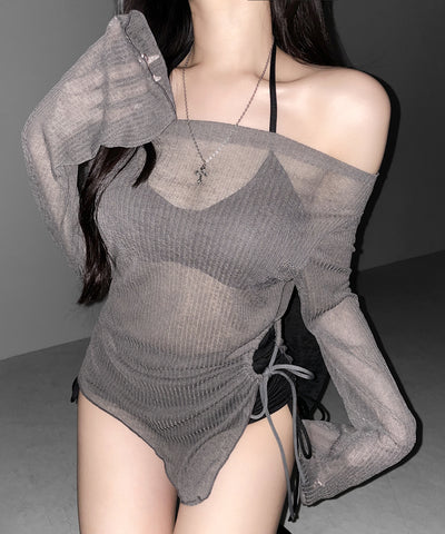 【 レディース水着／３点セット 】シアートップス付き　シャーリングリボンホルターネックハイウエストビキニ ／ ( 3piece ) sheer tops SET shirring ribbon halter neck high waist bikini