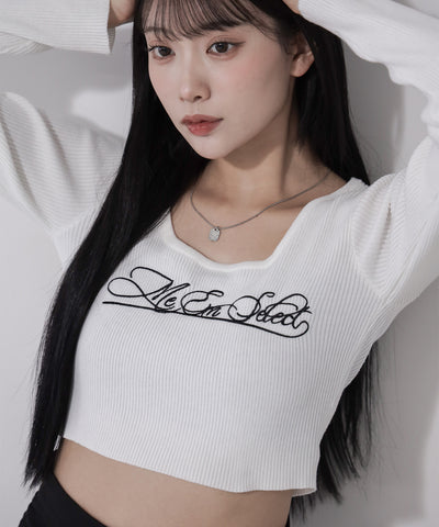 レタリングロゴ刺繍スクエアネックショートリブニットトップス ／ lettering logo embroidery square neck short rib knit tops