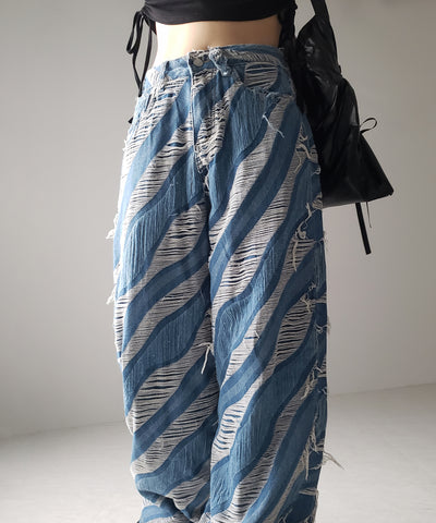 【 ２color ／ ４size 】バイカラーカットフリンジダメージワイドデニム ／ bicolor cut fringe damaged wide denim