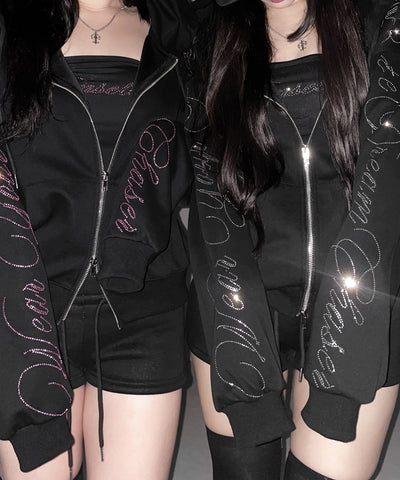 【 セットアップ可能 】ラインストーンロゴダブルジップパーカー ／ Rhine stone logo double zip hoodie