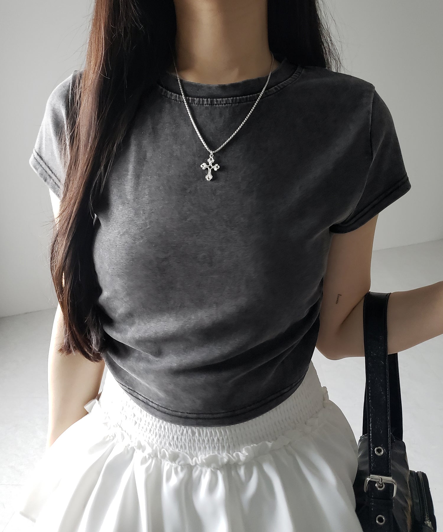 【 ２color 】サイドギャザー半袖ヴィンテージTシャツ ／ side shirring short slleve vintage T-shirt