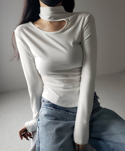 【 ２color 】カットアウトアシメチョーカーカットソートップス ／cutout asymmetry choker cutsew tops