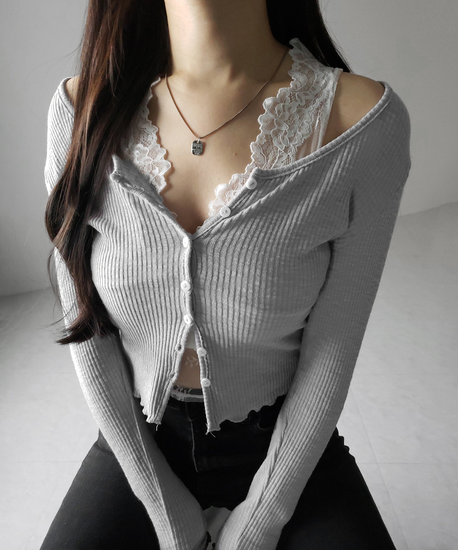 【 ２点セット 】レイヤードレースシアーリブカットソーカーディガン ／ layered lace sheer rib cut and sew cardigan
