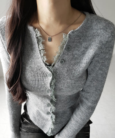 【 ４color 】レースドッキングスパングルキーネックニットカーディガン ／ lace docking spangle key neck knit cardigan