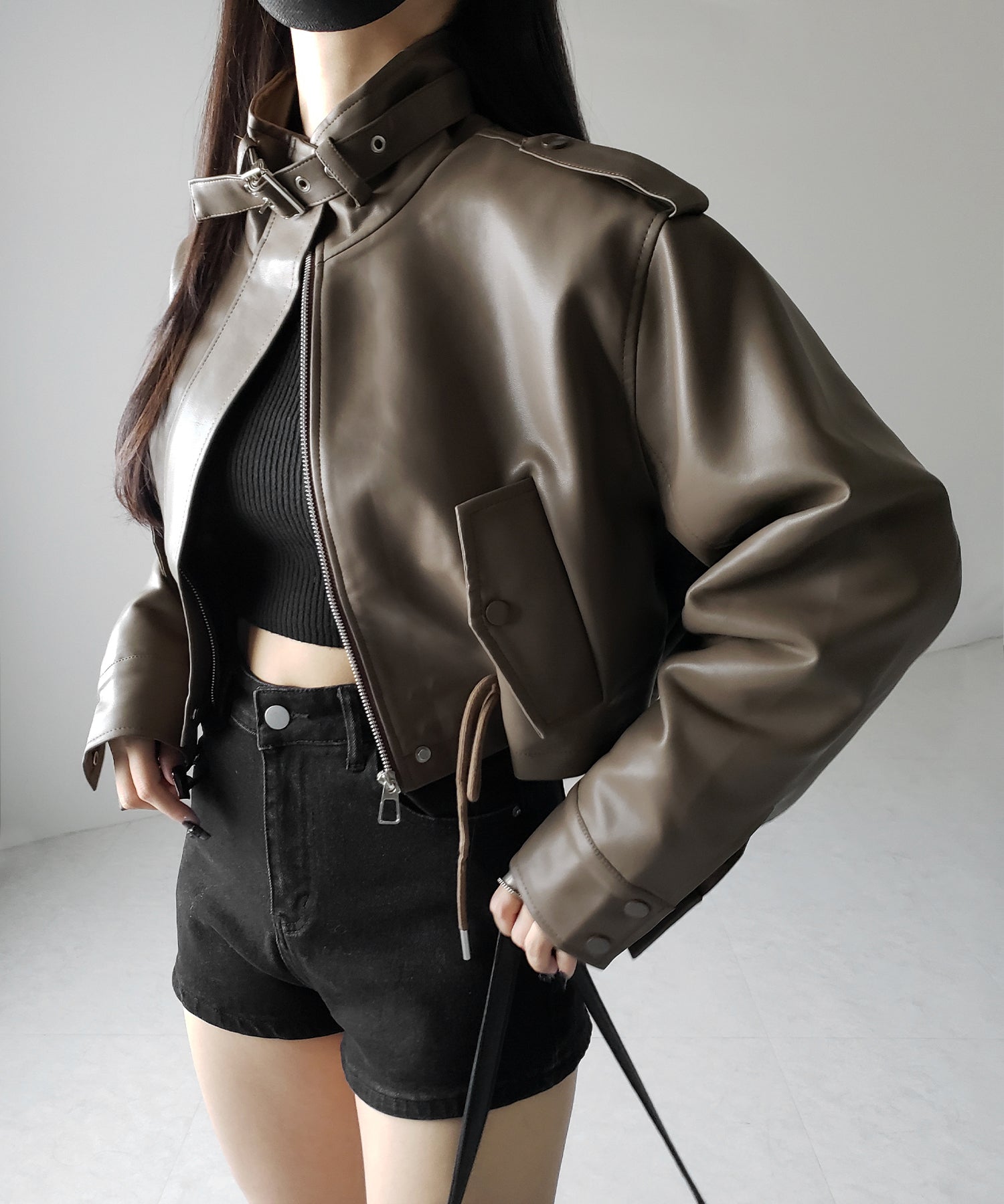 【 ２WAY 】スタンドカラーベルテッドフェイクレザーショートブルゾン ／ stand collar belted fake leather short blouson