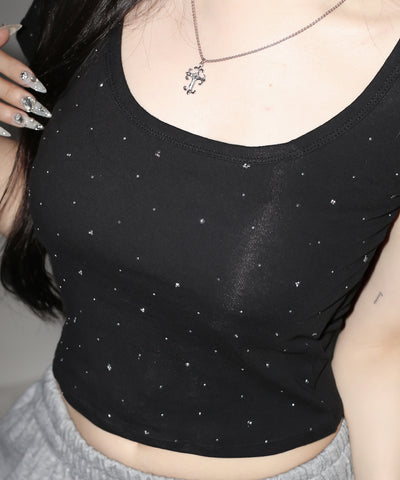 ラインストーンスクエアネックタイトＴシャツ ／Rhinestone square neck tight T-shirt