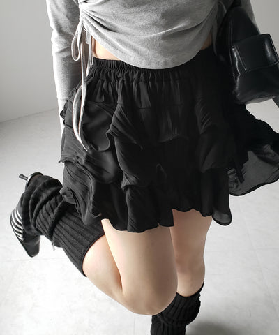 【 インパン裏地付 】３段クリンクルシアーフリルボリュームミニスカート ／ crinkle sheer frill volume mini skirt