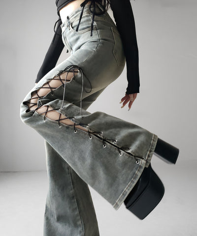 レースアップカットアウトストレッチフレアデニム ／ lace up cutout stretch flare denim