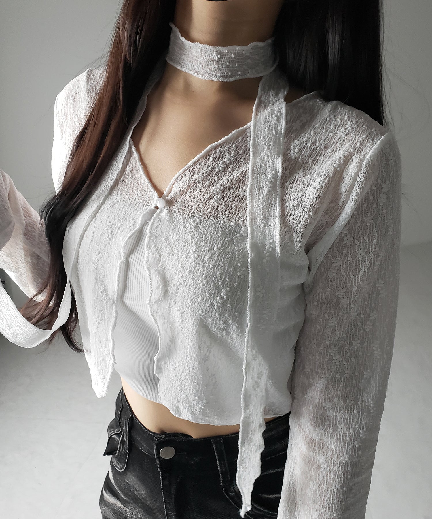 【 ２color ／ ２WAY 】チョーカーロングタイ付きショートシアーカーディガン ／ choker long tie set short sheer cardigan
