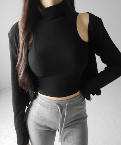 【 裏微起毛 ／ 2点セット 】ハイネックノースリーブトップス ＋ ショートカーディガン SET ／ high neck nosleeve tops + short cardigan SET