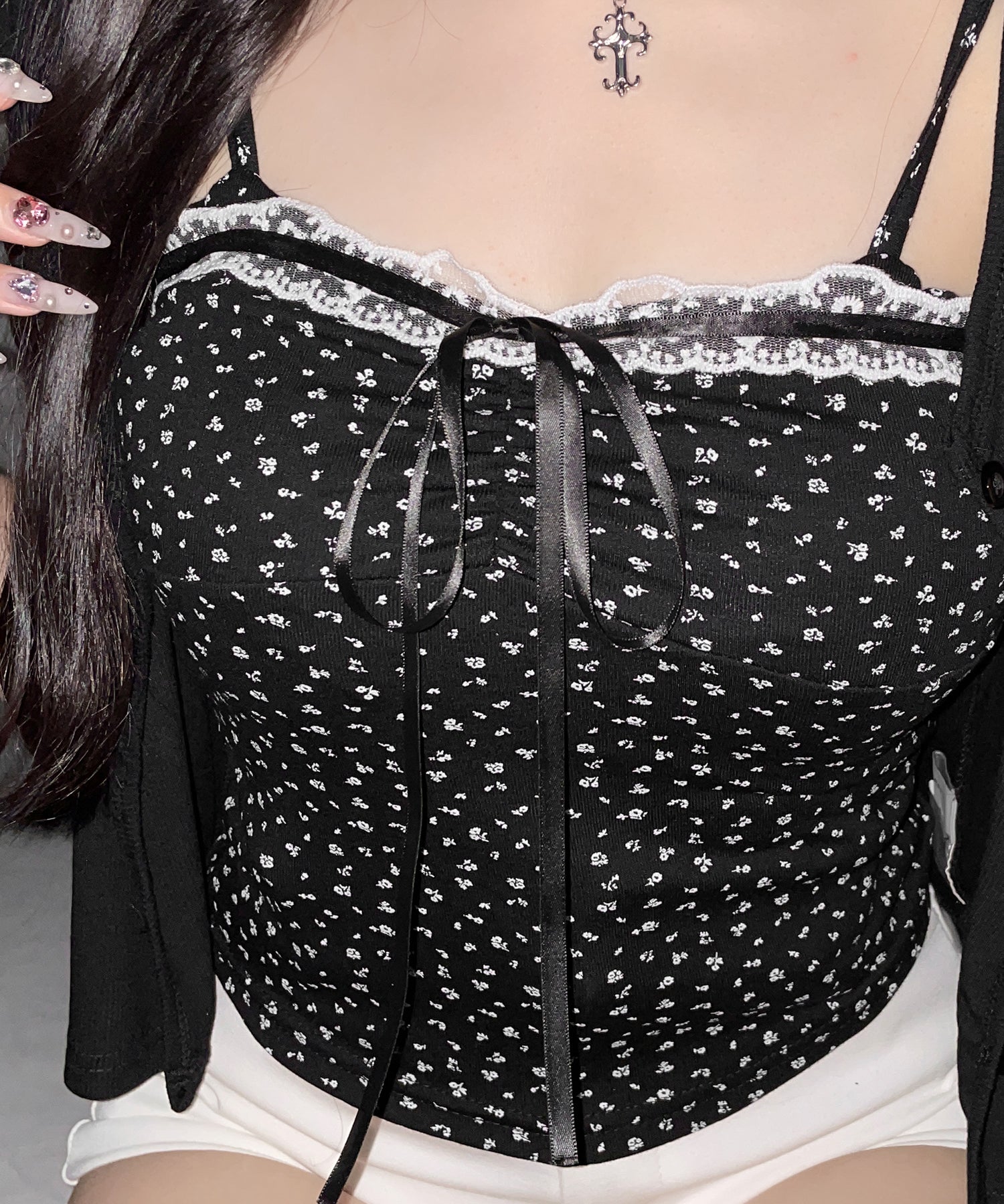 【 ２点セット 】小花柄レースリボンキャミソール ＋ カーディガンセット ／ mini flower lace ribbon camisole + cardigan SET