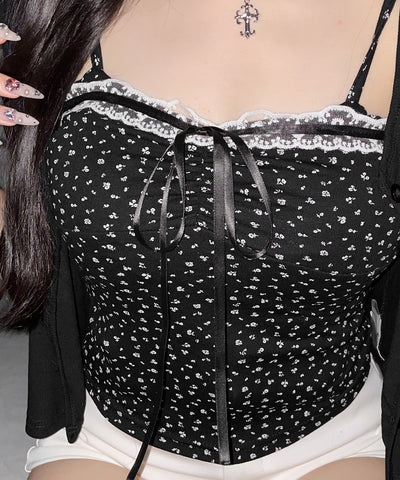 【 ２点セット 】小花柄レースリボンキャミソール ＋ カーディガンセット ／ mini flower lace ribbon camisole + cardigan SET