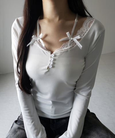 【 ２color 】ストラップダブルリボンレースカットソートップス ／ strap double ribbon lace cutsew tops