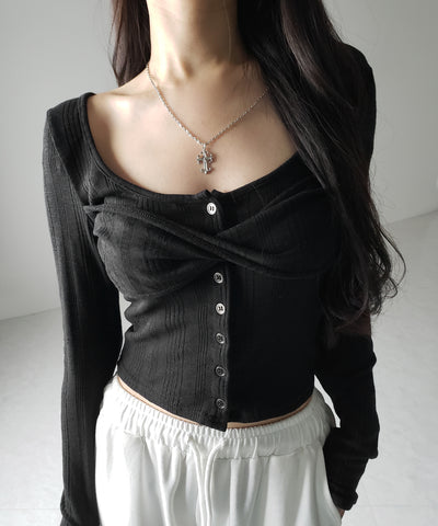 【 ３color 】フロントボタンオープンネックリブカットソートップス ／ front button open neck ribbed cutsew tops
