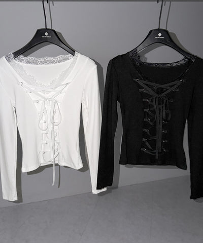 【 クロスネックにできる２WAY 】フロントリボンレースアップスリムカットソートップス ／ 2WAY front ribbon lace up slim cutsew tops