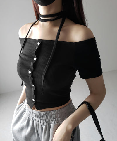 【 ２WAY 】ストラップリボンオフショルダーリブトップス ／ strap ribbon off shoulder rib tops