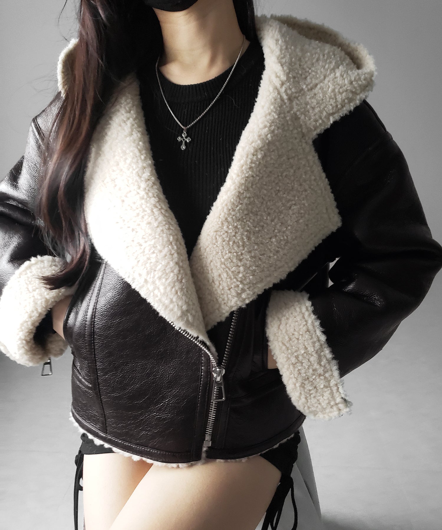 ヴィンテージレザーフーディボアムートンジャケット ／ vintage leather hoodie boa mouton jacket