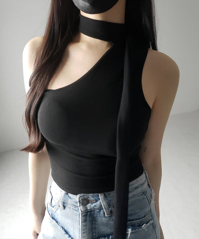 【 ３color ／ カップ付 】チョーカータイアシンメトリーワンショルキャミソール ／ choker tie asymmetry one-shoulder camisole